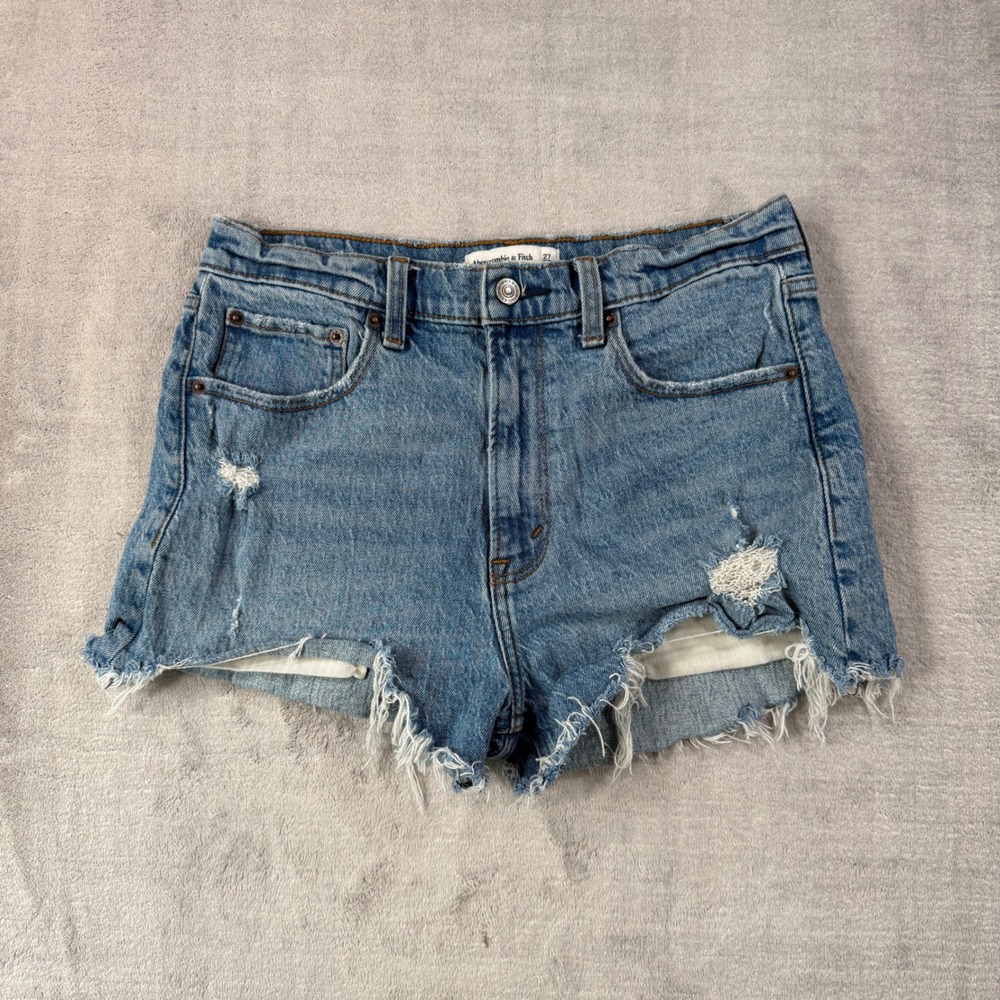Abercrombie & Fitch Shorts Women 27/4 Blue Mom Short High Rise Distressed Cutoff